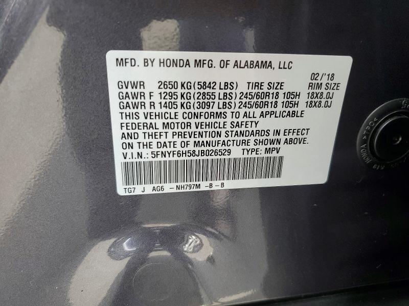 58492516 :رقم المزاد ، 5FNYF6H58JB026529 vin ، 2018 Honda Pilot مزاد بيع