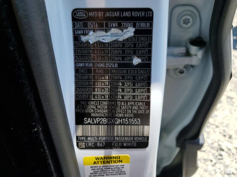 58074206 :رقم المزاد ، SALVP2BGXGH151553 vin ، 2016 Land Rover Range Rover Evoque مزاد بيع