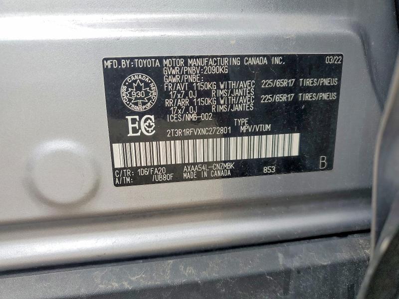 2022 Toyota Rav4 მანქანა იყიდება აუქციონზე, vin: 2T3R1RFVXNC272801, აუქციონის ნომერი: 55743616
