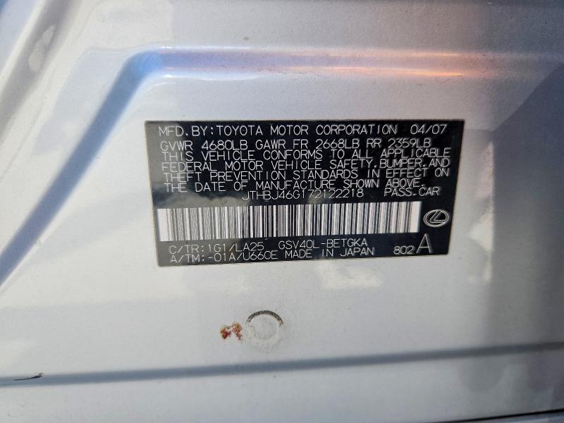 Aukcja sprzedaży 2007 Lexus Es, vin: JTHBJ46G172122218, numer aukcji: 57381646