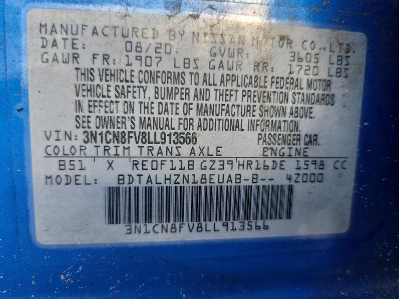 57827646 :رقم المزاد ، 3N1CN8FV8LL913566 vin ، 2020 Nissan Versa مزاد بيع