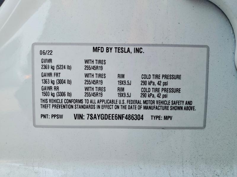 Продажа на аукционе авто 2022 Tesla Model Y, vin: 7SAYGDEE6NF486304, номер лота: 56822956