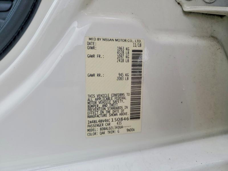 2019 Nissan Altima მანქანა იყიდება აუქციონზე, vin: 1N4BL4BV4KC150846, აუქციონის ნომერი: 56639616