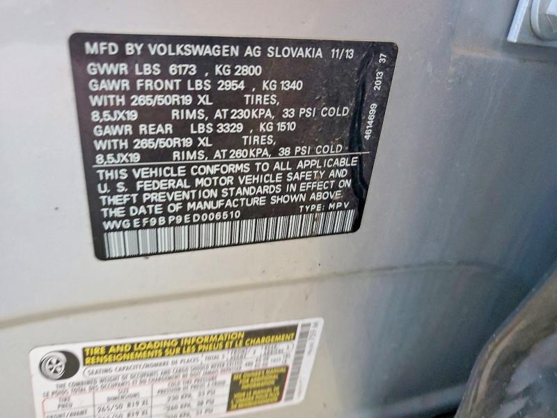 2014 Volkswagen Touareg მანქანა იყიდება აუქციონზე, vin: WVGEF9BP9ED006510, აუქციონის ნომერი: 57540226