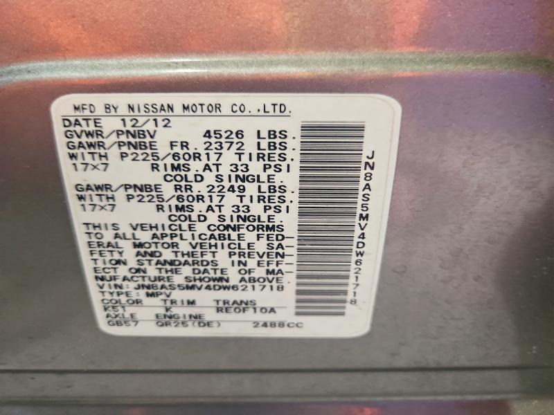 57051786 :رقم المزاد ، JN8AS5MV4DW621718 vin ، 2013 Nissan Rogue مزاد بيع