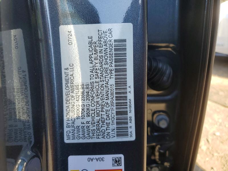 2024 Honda Accord მანქანა იყიდება აუქციონზე, vin: 1HGCY1F35RA080515, აუქციონის ნომერი: 55505646