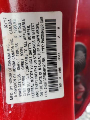 Продаж на аукціоні авто 2017 Honda Civic, vin: 2HGFC2F58HH520584, номер лоту: 55732496