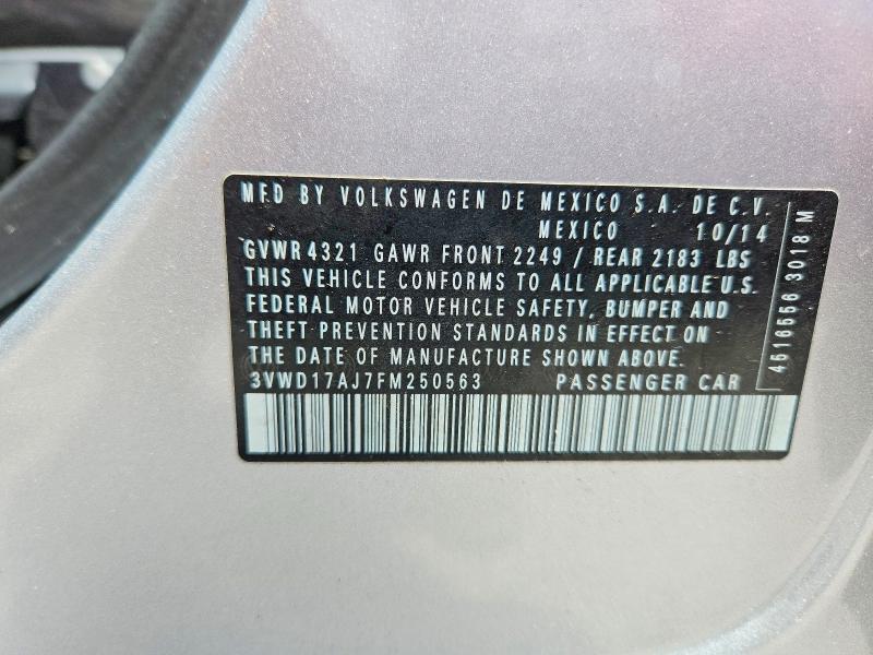 57008916 :رقم المزاد ، 3VWD17AJ7FM250563 vin ، 2015 Volkswagen Jetta مزاد بيع