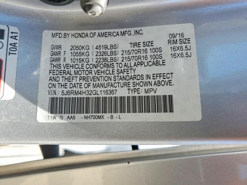 58406826 :رقم المزاد ، 5J6RM4H32GL116367 vin ، 2016 Honda Cr-v مزاد بيع