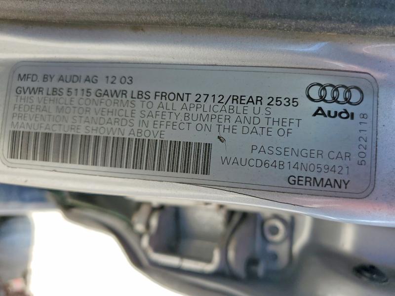 Aukcja sprzedaży 2004 Audi A6, vin: WAUCD64B14N059421, numer aukcji: 57437886