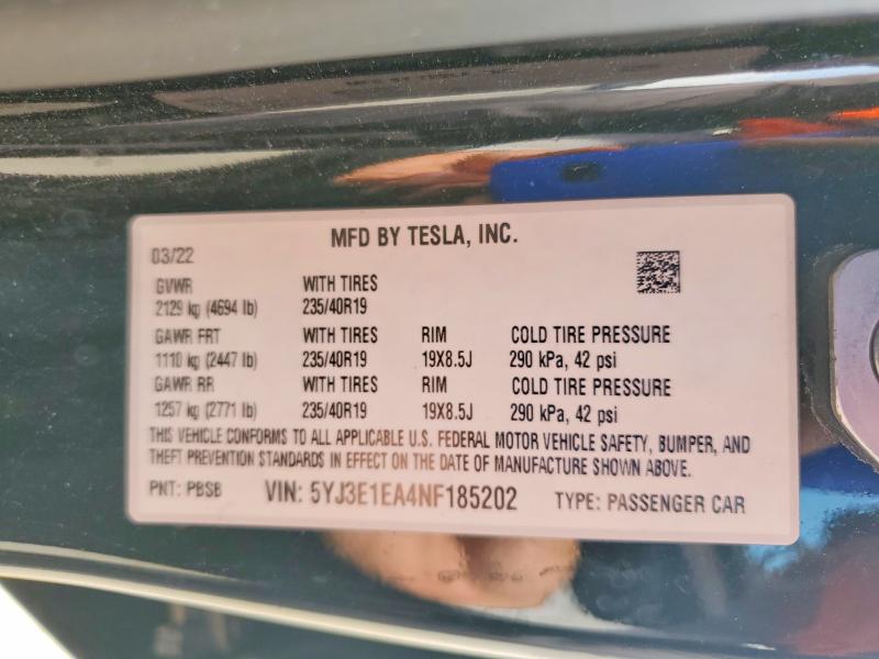 Продаж на аукціоні авто 2022 Tesla Model 3, vin: 5YJ3E1EA4NF185202, номер лоту: 58838156