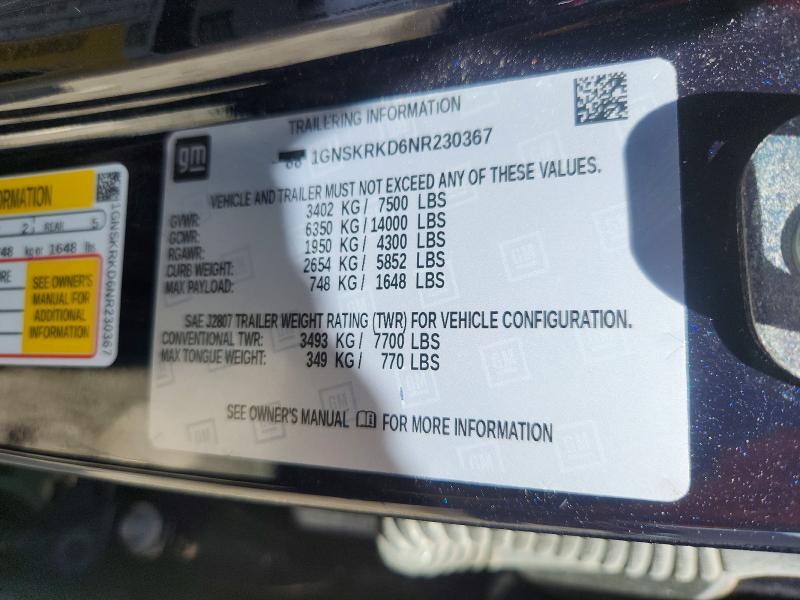Aukcja sprzedaży 2022 Chevrolet Tahoe, vin: 1GNSKRKD6NR230367, numer aukcji: 58293816