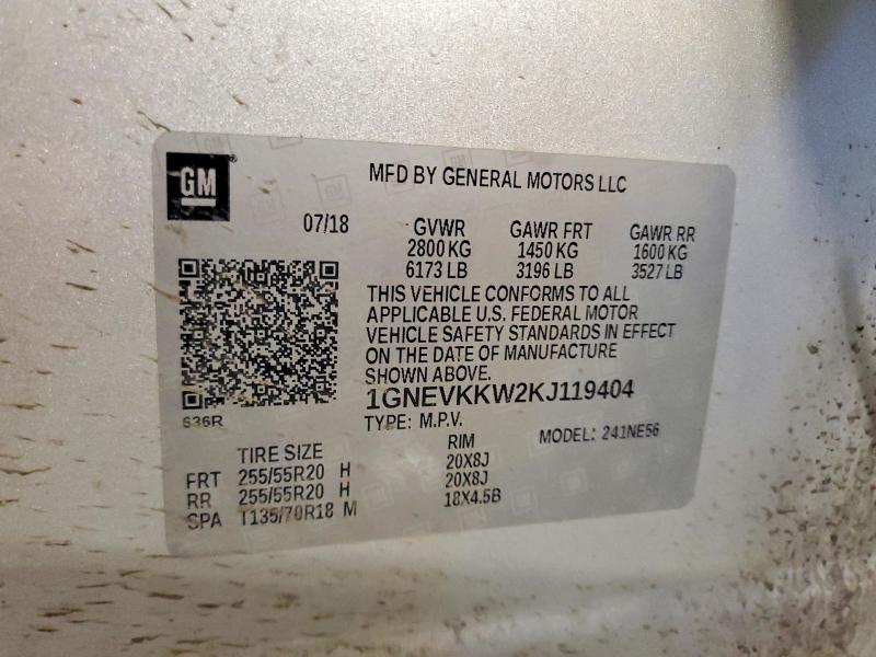 57552596 :رقم المزاد ، 1GNEVKKW2KJ119404 vin ، 2019 Chevrolet Traverse مزاد بيع