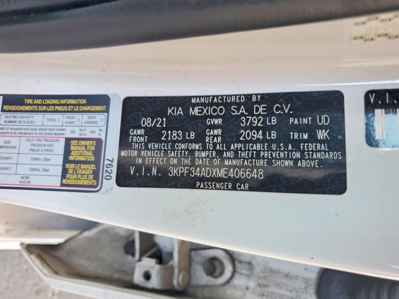 57558596 :رقم المزاد ، 3KPF34ADXME406648 vin ، 2021 Kia Forte مزاد بيع
