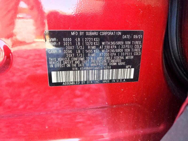 Продажа на аукционе авто 2021 Subaru Ascent, vin: 4S4WMAPD4M3474398, номер лота: 55882806