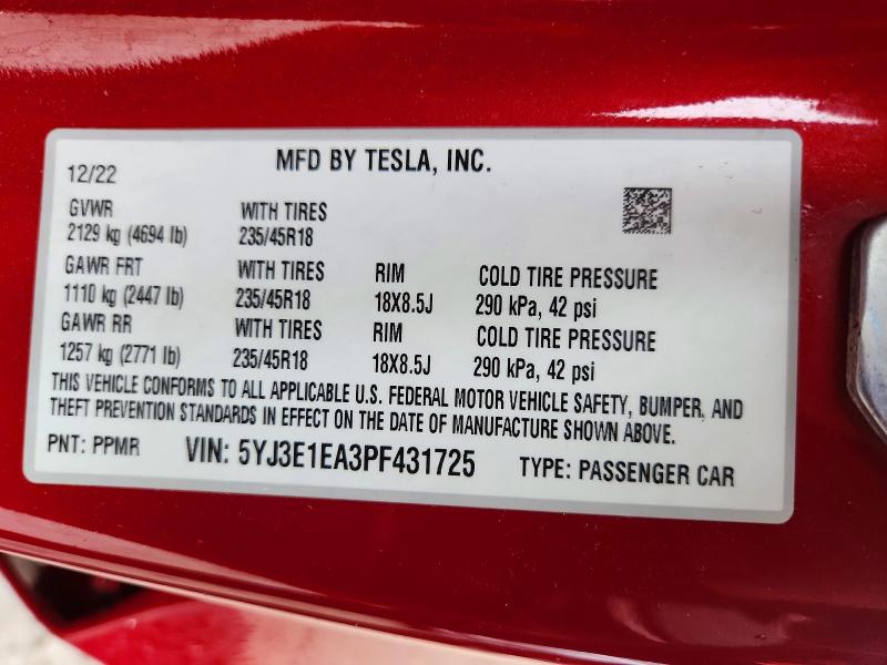 Aukcja sprzedaży 2023 Tesla Model 3, vin: 5YJ3E1EA3PF431725, numer aukcji: 58126886