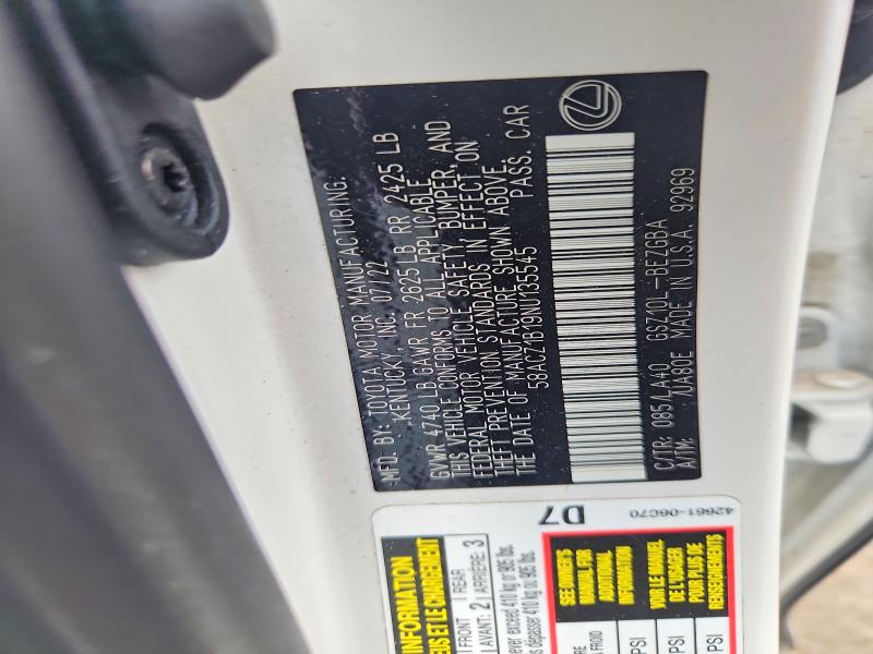 Aukcja sprzedaży 2022 Lexus Es 350, vin: 58ACZ1B19NU135545, numer aukcji: 57886836
