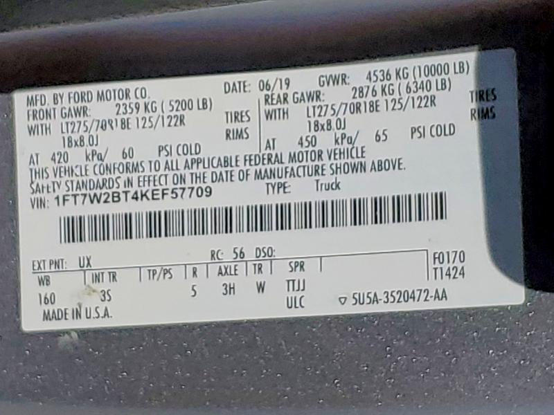 55719216 :رقم المزاد ، 1FT7W2BT4KEF57709 vin ، 2019 Ford F250 مزاد بيع