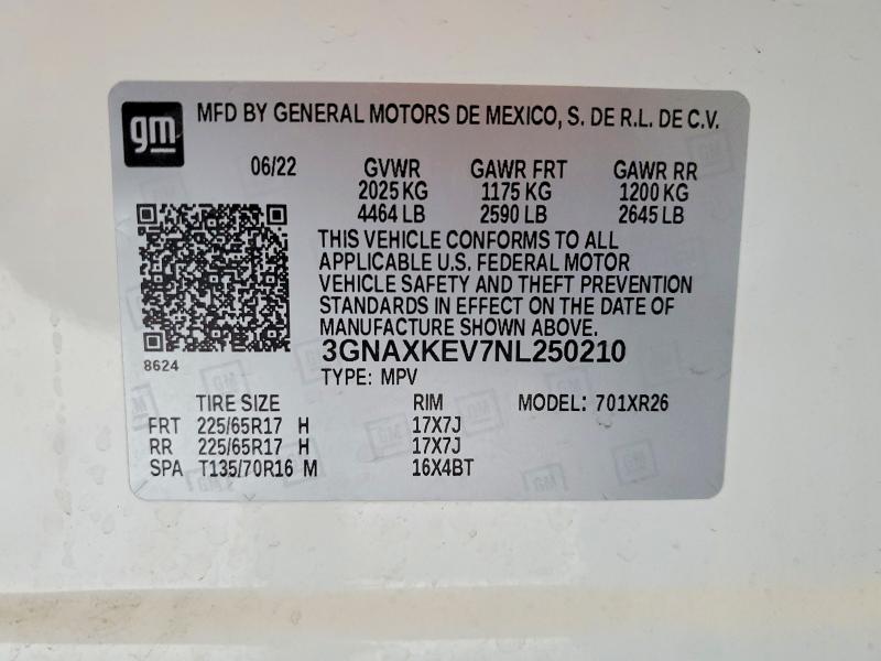 Продаж на аукціоні авто 2022 Chevrolet Equinox, vin: 3GNAXKEV7NL250210, номер лоту: 57971486
