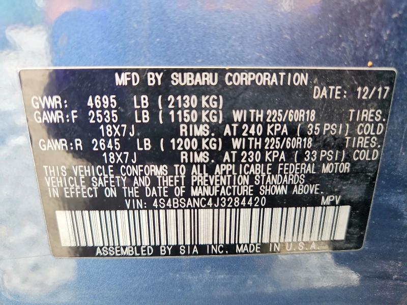 Продажа на аукционе авто 2018 Subaru Outback, vin: 4S4BSANC4J3284420, номер лота: 56795626