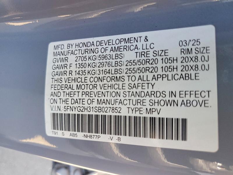 2025 Honda Pilot მანქანა იყიდება აუქციონზე, vin: 5FNYG2H31SB027852, აუქციონის ნომერი: 59009526