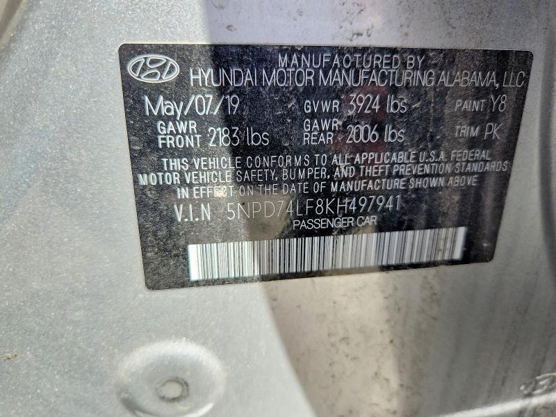 59219396 :رقم المزاد ، 5NPD74LF8KH497941 vin ، 2019 Hyundai Elantra مزاد بيع