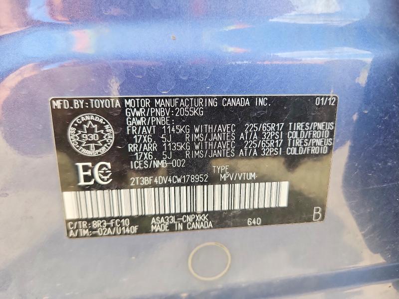 57025006 :رقم المزاد ، 2T3BF4DV4CW178952 vin ، 2012 Toyota Rav4 مزاد بيع
