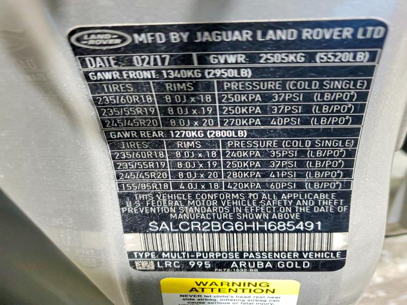 Aukcja sprzedaży 2017 Land Rover Discovery Sport, vin: SALCR2BG6HH685491, numer aukcji: 58112836