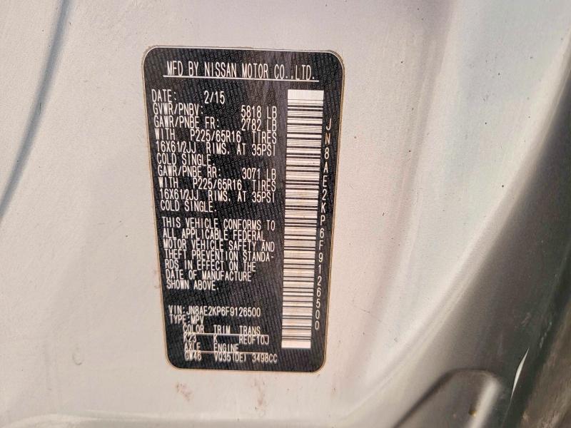 55920806 :رقم المزاد ، JN8AE2KP6F9126500 vin ، 2015 Nissan Quest مزاد بيع