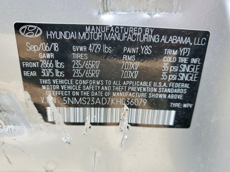 2019 Hyundai Santa Fe მანქანა იყიდება აუქციონზე, vin: 5NMS23AD7KH036079, აუქციონის ნომერი: 54903846