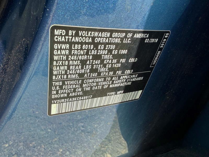 Продаж на аукціоні авто 2019 Volkswagen Atlas, vin: 1V2UR2CA3KC548517, номер лоту: 57526106