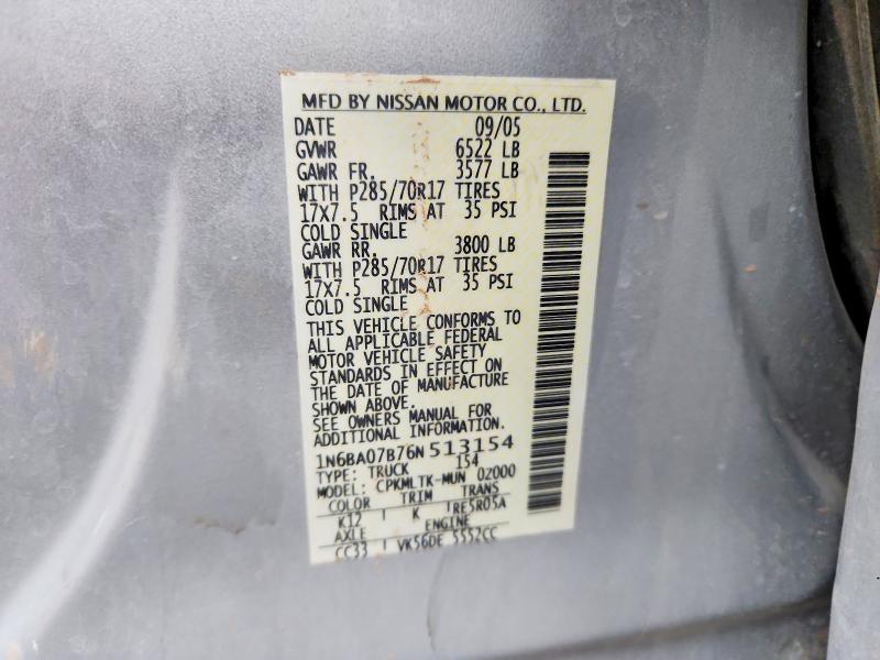 58627646 :رقم المزاد ، 1N6BA07B76N513154 vin ، 2006 Nissan Titan مزاد بيع