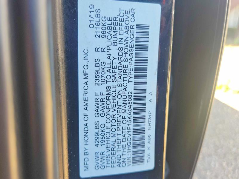 56197216 :رقم المزاد ، 1HGCV1F15KA045082 vin ، 2019 Honda Accord مزاد بيع