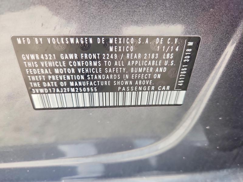 2015 Volkswagen Jetta მანქანა იყიდება აუქციონზე, vin: 3VWD17AJ2FM250955, აუქციონის ნომერი: 58494256
