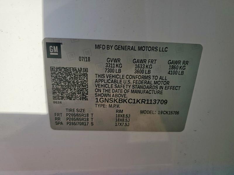 Aukcja sprzedaży 2019 Chevrolet Tahoe, vin: 1GNSKBKC1KR113709, numer aukcji: 58565366