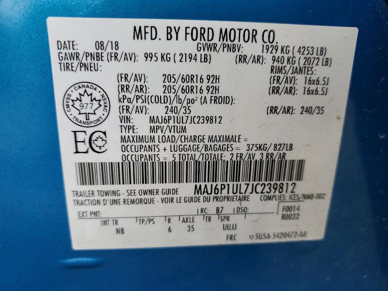 57941616 :رقم المزاد ، MAJ6P1UL7JC239812 vin ، 2018 Ford Ecosport مزاد بيع