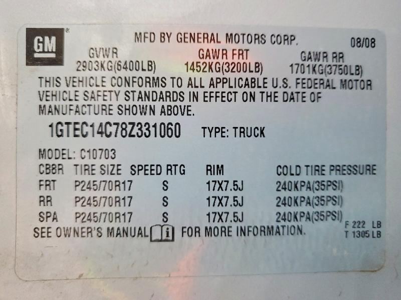 Aukcja sprzedaży 2008 Gmc Sierra, vin: 1GTEC14C78Z331060, numer aukcji: 55457546