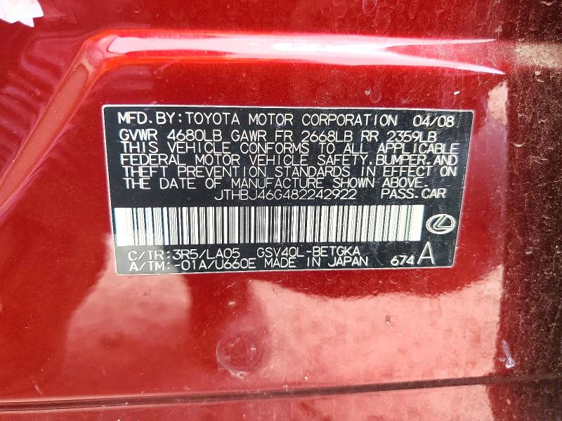 Aukcja sprzedaży 2008 Lexus Es, vin: JTHBJ46G482242922, numer aukcji: 56740026