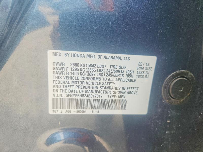 Продажа на аукционе авто 2018 Honda Pilot, vin: 5FNYF6H52JB017017, номер лота: 56796086