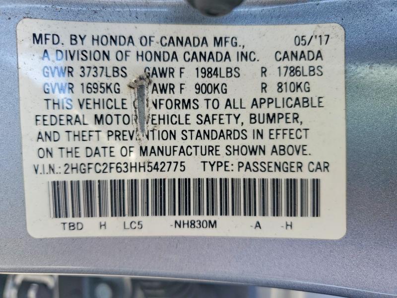 Aukcja sprzedaży 2017 Honda Civic, vin: 2HGFC2F63HH542775, numer aukcji: 55614676