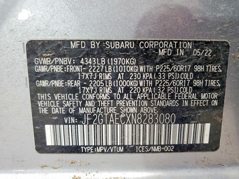 57525876 :رقم المزاد ، JF2GTAECXN8283080 vin ، 2022 Subaru Crosstrek مزاد بيع