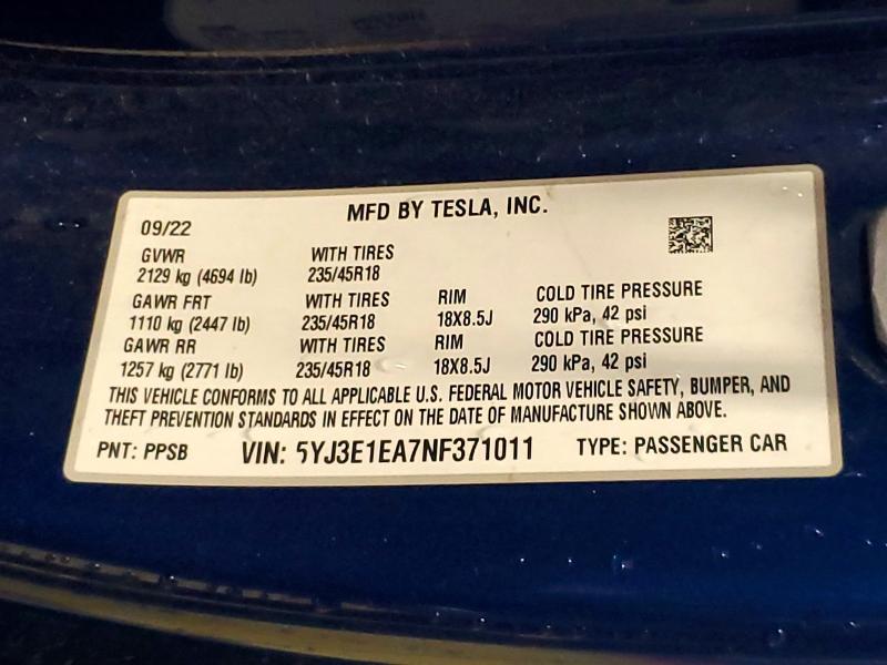 2022 Tesla Model 3 მანქანა იყიდება აუქციონზე, vin: 5YJ3E1EA7NF371011, აუქციონის ნომერი: 56705596