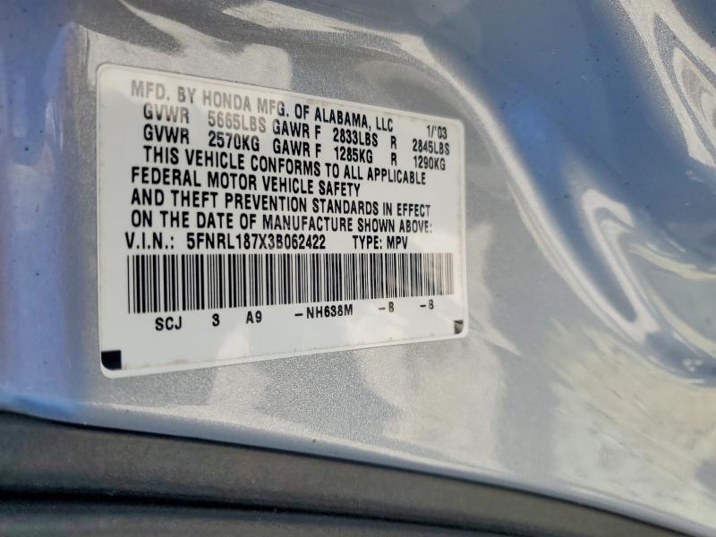 Aukcja sprzedaży 2003 Honda Odyssey, vin: 5FNRL187X3B062422, numer aukcji: 56022456