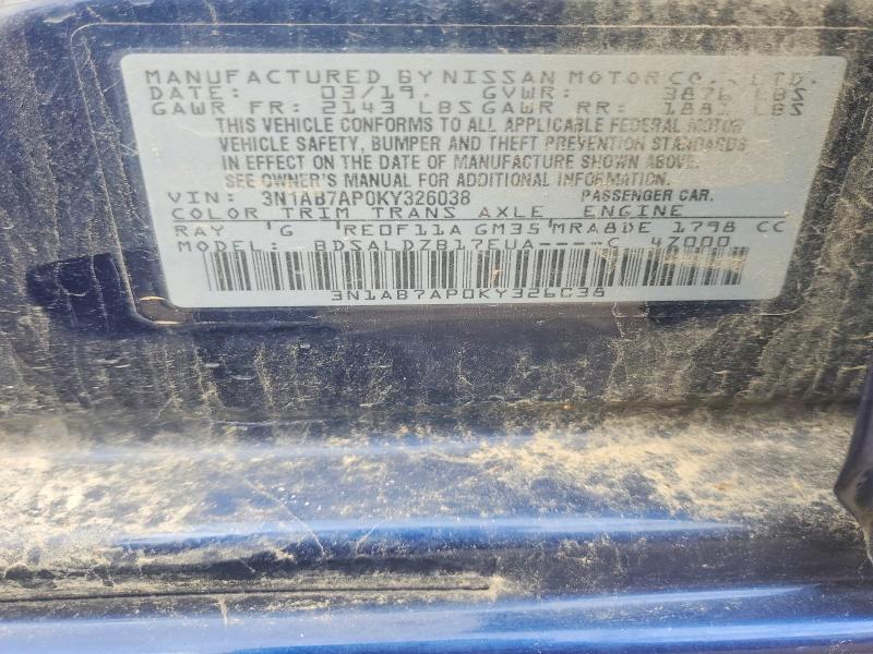 2019 Nissan Sentra მანქანა იყიდება აუქციონზე, vin: 3N1AB7AP0KY326038, აუქციონის ნომერი: 58862526