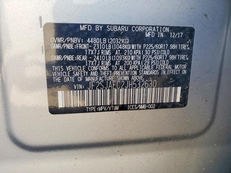 2018 Subaru Forester მანქანა იყიდება აუქციონზე, vin: JF2SJAEC2JH532630, აუქციონის ნომერი: 58652746