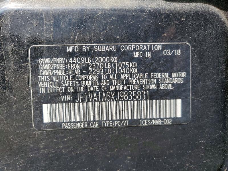 2018 Subaru Wrx მანქანა იყიდება აუქციონზე, vin: JF1VA1A6XJ9835831, აუქციონის ნომერი: 55756716