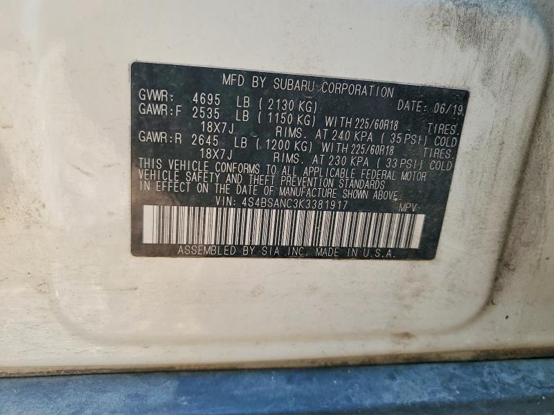 57344026 :رقم المزاد ، 4S4BSANC3K3381917 vin ، 2019 Subaru Outback مزاد بيع