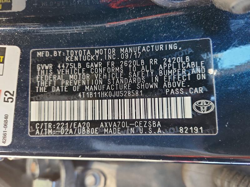 2018 Toyota Camry მანქანა იყიდება აუქციონზე, vin: 4T1B11HK0JU528581, აუქციონის ნომერი: 57715636