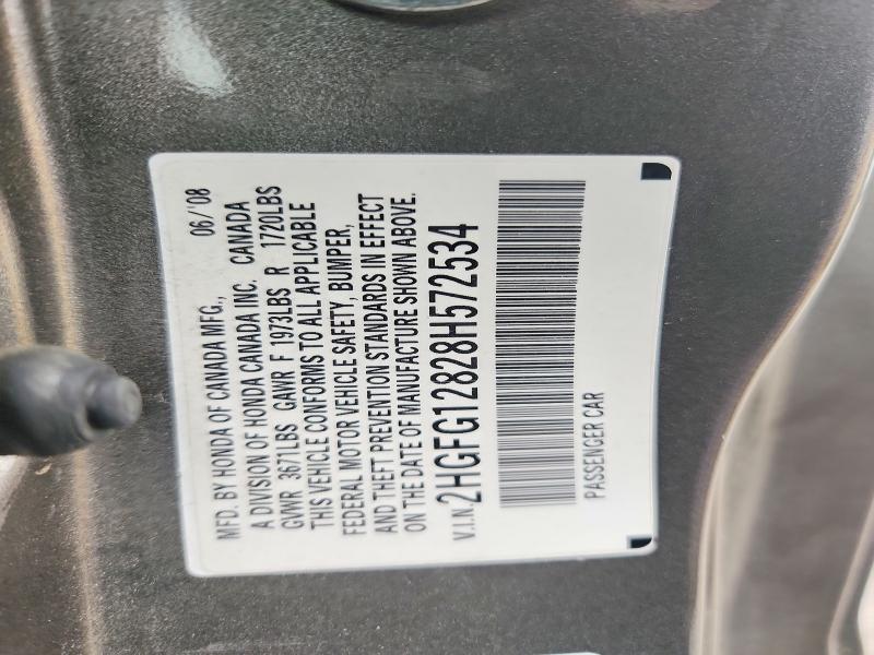 2008 Honda Civic მანქანა იყიდება აუქციონზე, vin: 2HGFG12828H572534, აუქციონის ნომერი: 58292936