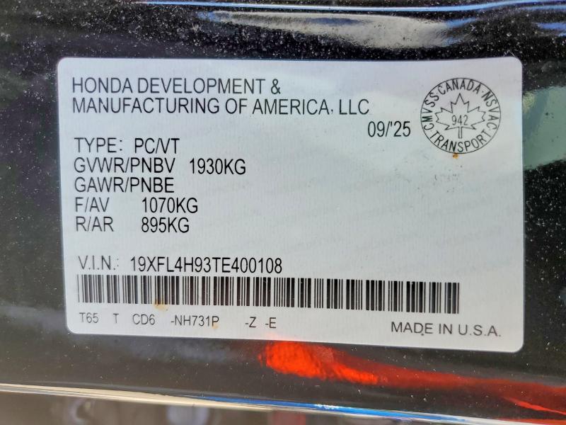 57042066 :رقم المزاد ، 19XFL4H93TE400108 vin ، 2026 Honda Civic مزاد بيع